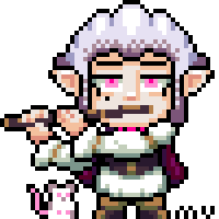 A character with elf ears, light lavendar hair, a magenta cape and a white tunic playing the flute with their rat friend wiggling its tail nearby.