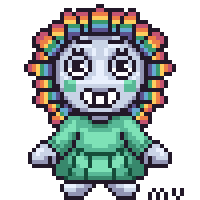 A character with a rainbow flower head with a smiling face is swinging their arms in front and behind their cyan dress.